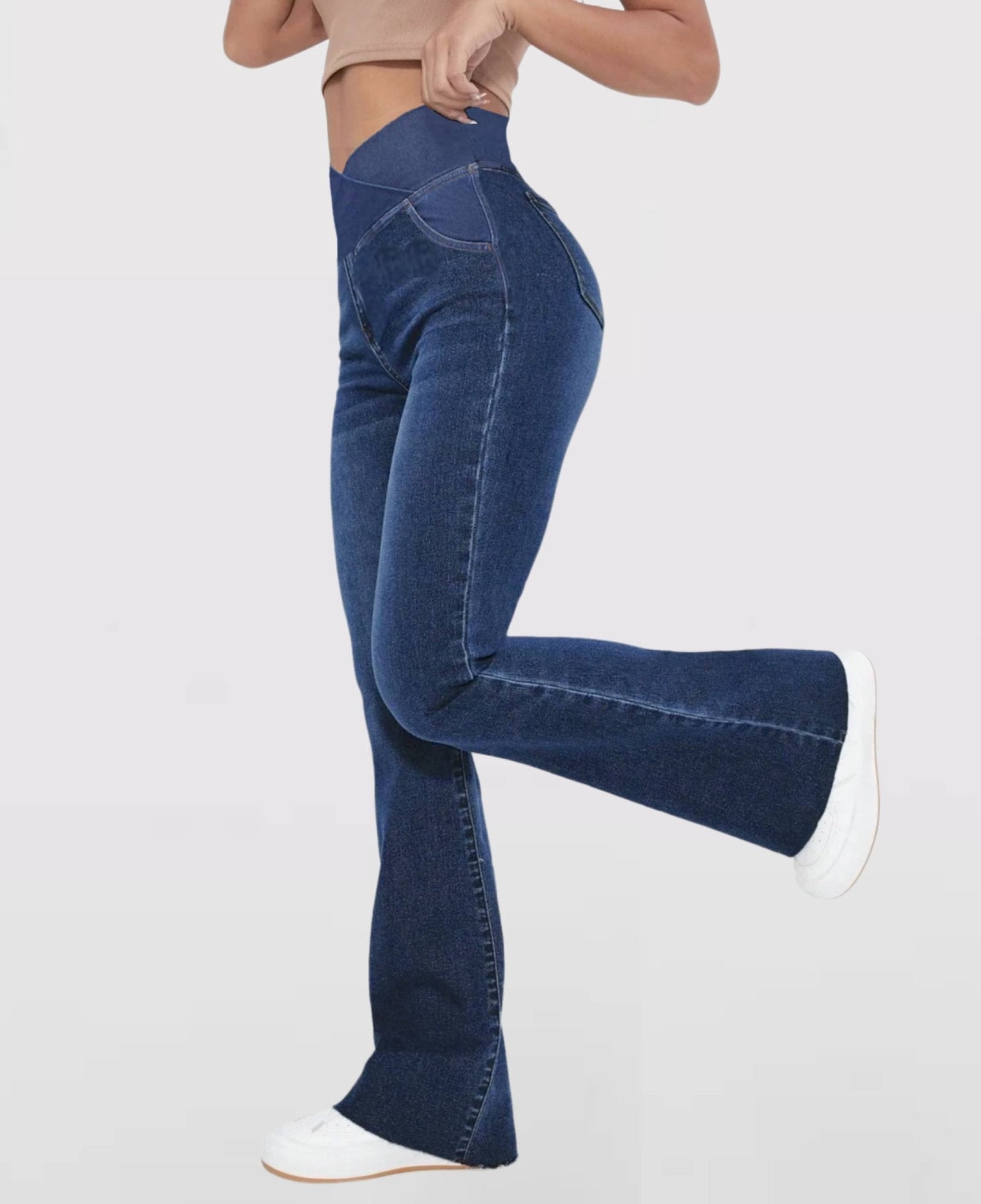 Calça Jeans de Cintura Alta Cruzada [CALÇA EFEITO BARRIGA CHAPADA] - Direct Ofertas