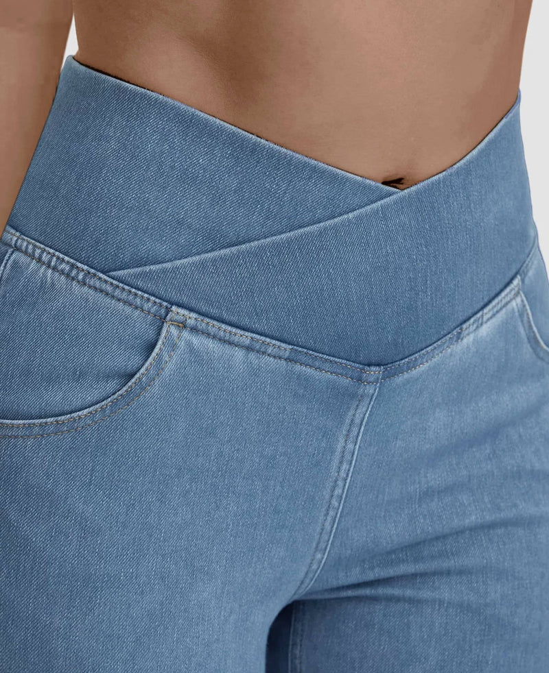 Calça Jeans de Cintura Alta Cruzada [CALÇA EFEITO BARRIGA CHAPADA] - Direct Ofertas