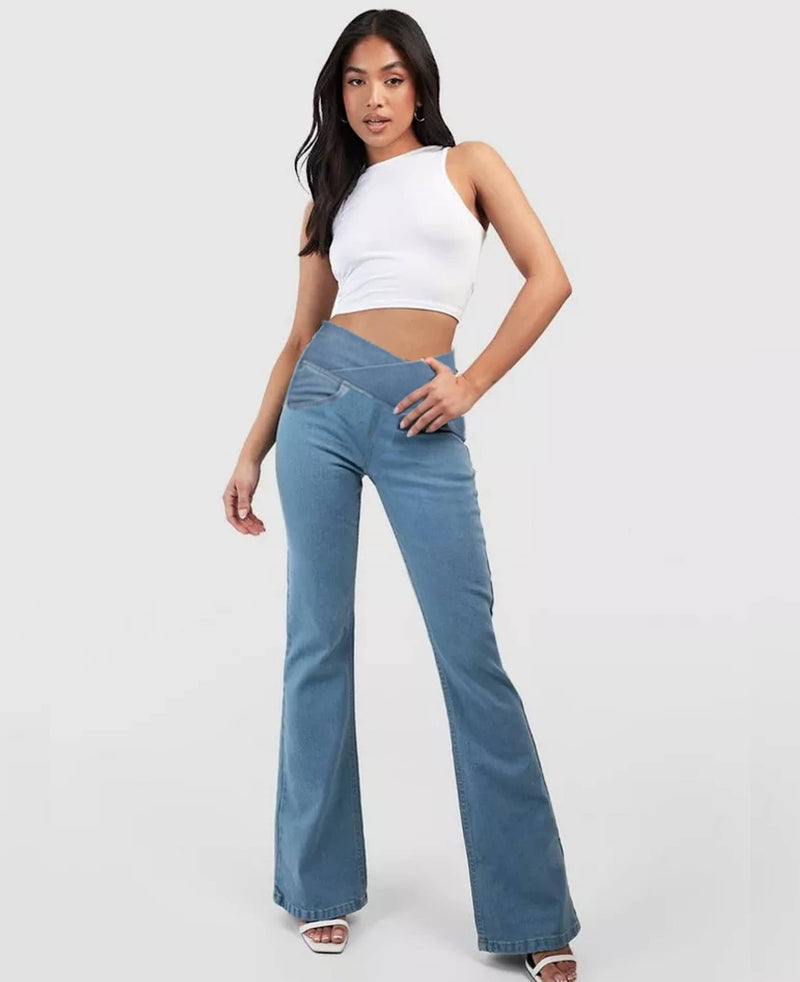 Calça Jeans de Cintura Alta Cruzada [CALÇA EFEITO BARRIGA CHAPADA] - Direct Ofertas