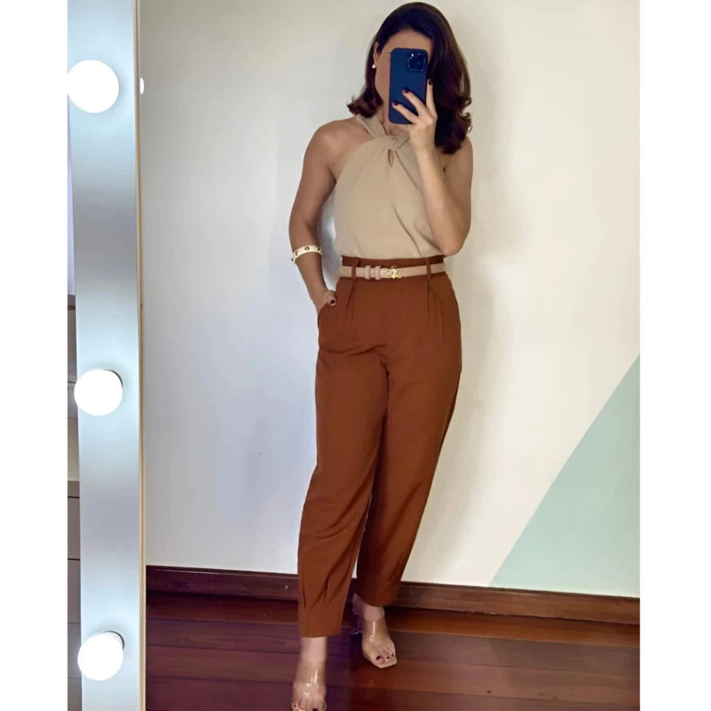 Calça Jogger Cenoura em Alfaiataria com Cinto Calça Jogger Cenoura PS1 Direct Ofertas Caramelo 