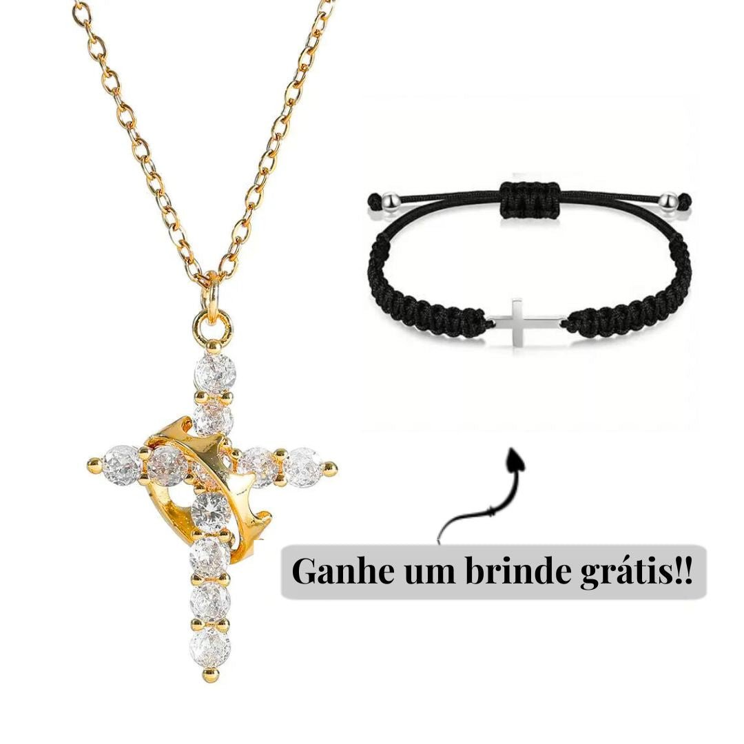 Colar Cruz & Coroa - Banhado a Ouro 18K - Direct Ofertas