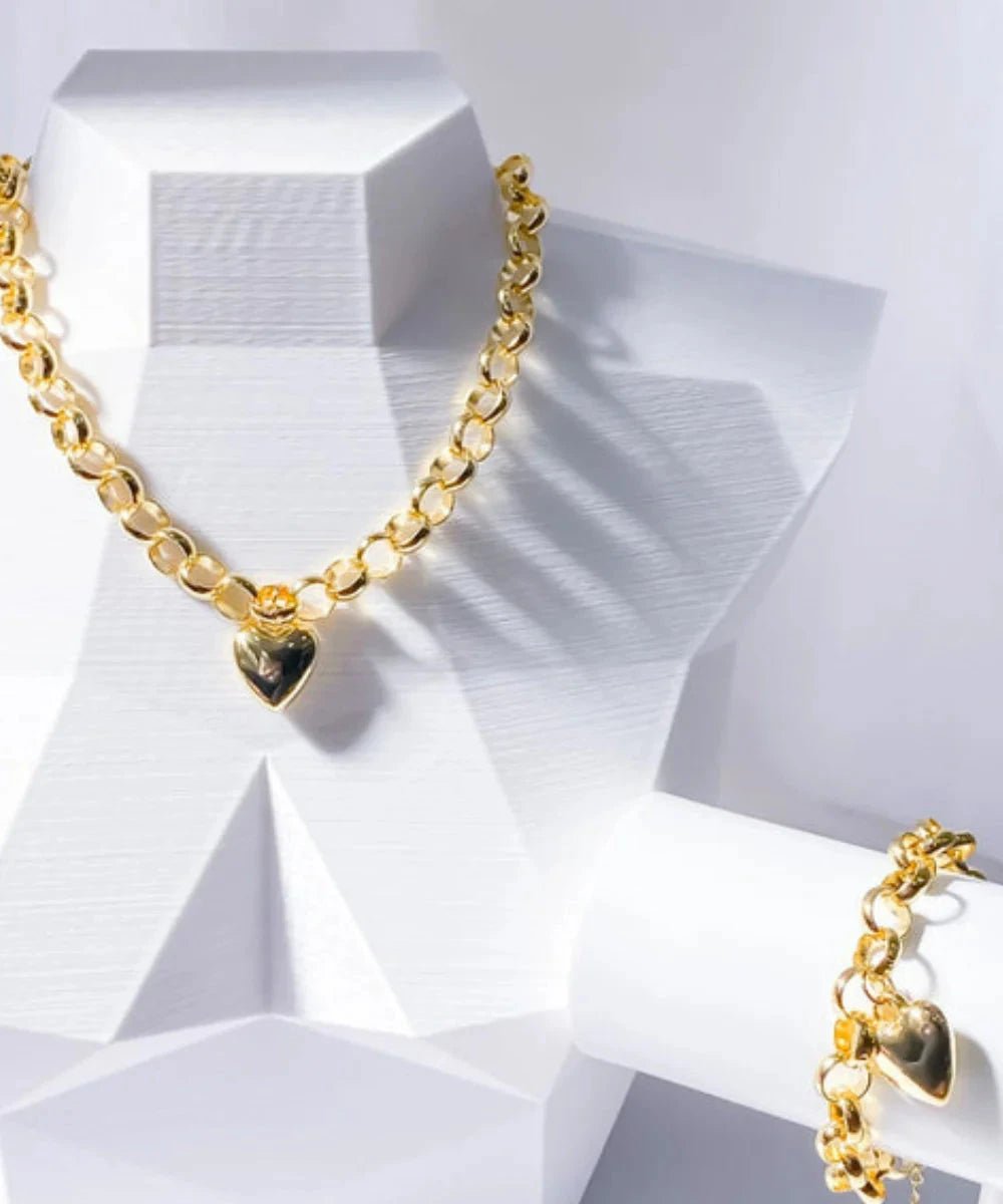 Conjunto Colar e Pulseira Elo Português e Brincos de Coração - Direct Ofertas