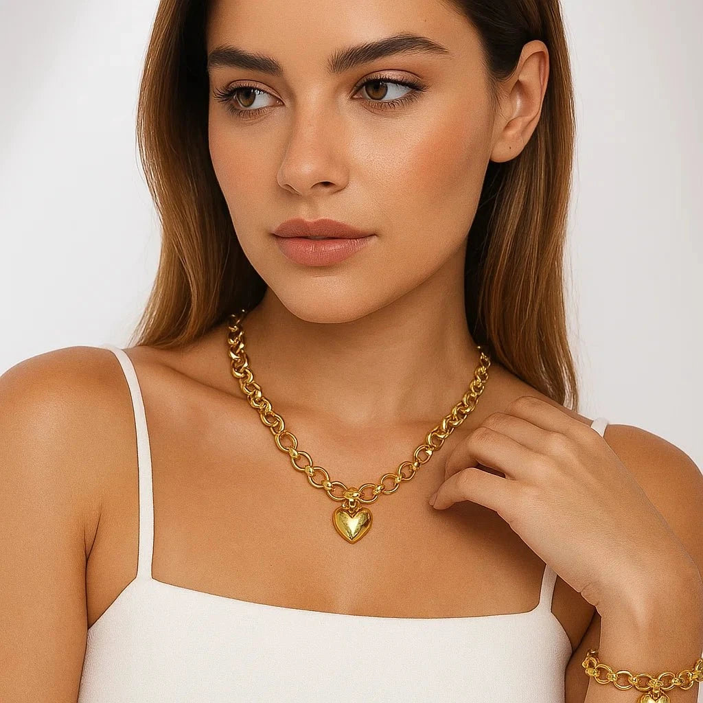 Conjunto Colar e Pulseira Elo Português e Brincos de Coração Conjunto Colar e Pulseira PJOIAS Direct Ofertas 