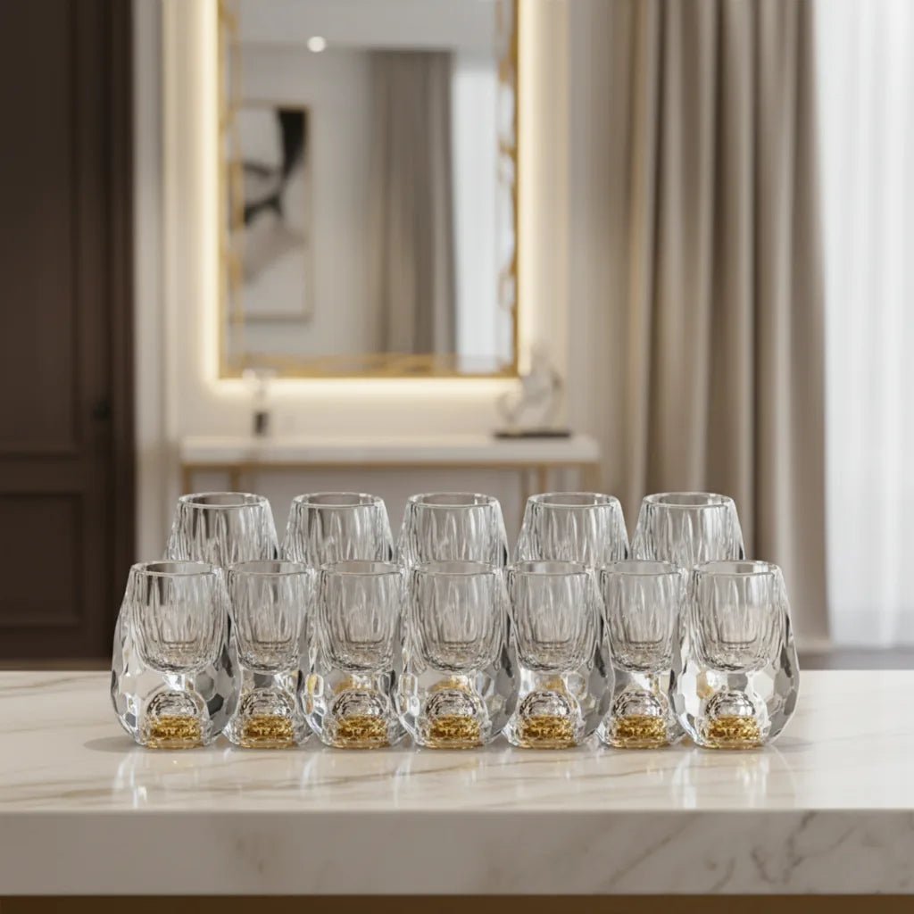 Copo Diamante Luxo com Fundo Duplo e Lascas Douradas para Baijiu, Licor, Cachaça, Tequila e Shots - Direct Ofertas