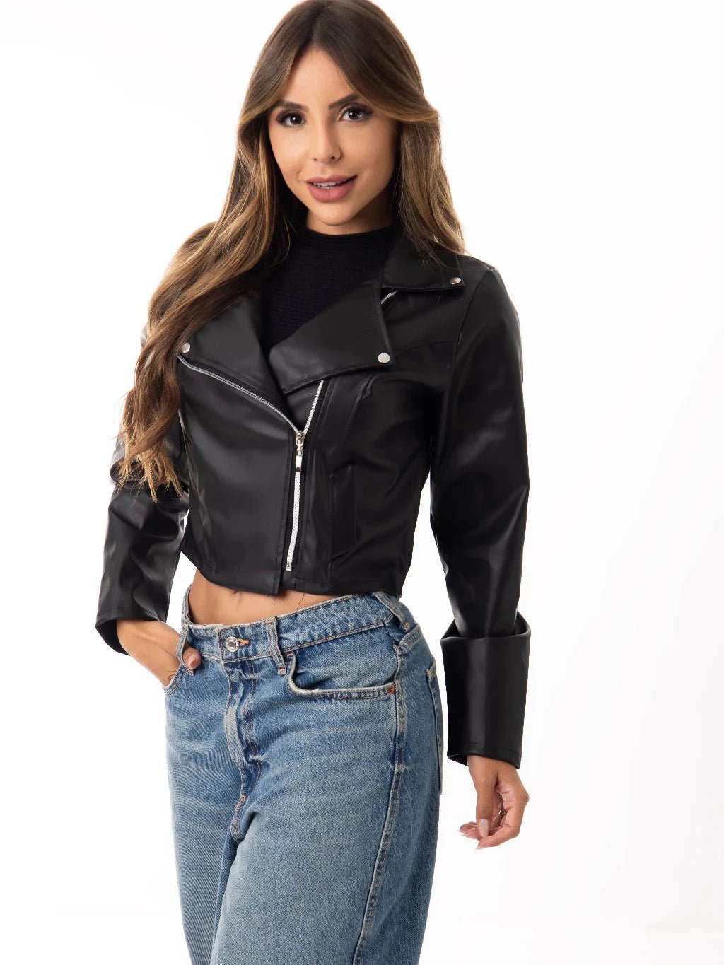 Jaqueta de Couro Sintético Feminina com Zíper - Direct Ofertas