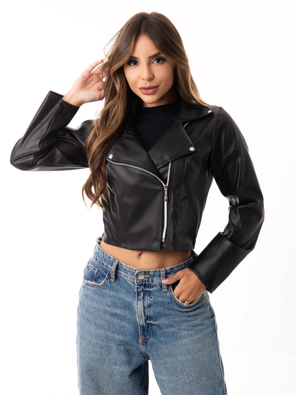 Jaqueta de Couro Sintético Feminina com Zíper - Direct Ofertas