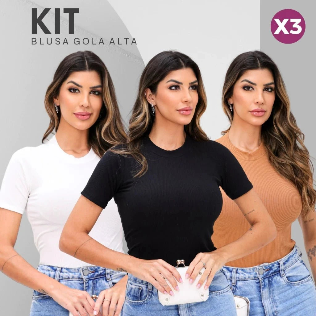 Kit com 3 Blusas Femininas Gola Alta Kit com 3 Blusas Femininas Gola Alta PS1 Direct Ofertas 