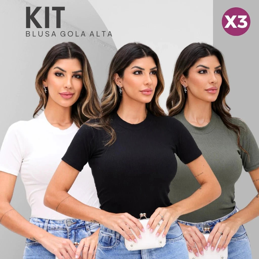 Kit com 3 Blusas Femininas Gola Alta Kit com 3 Blusas Femininas Gola Alta PS1 Direct Ofertas Preto/Branco/Verde Militar M 