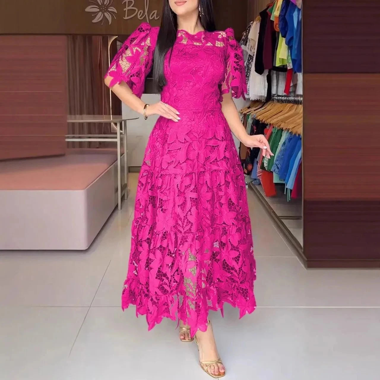 Vestido Feminino de Renda Anaju Vestido Feminino de Renda Anaju P11 Direct Ofertas Rose P 