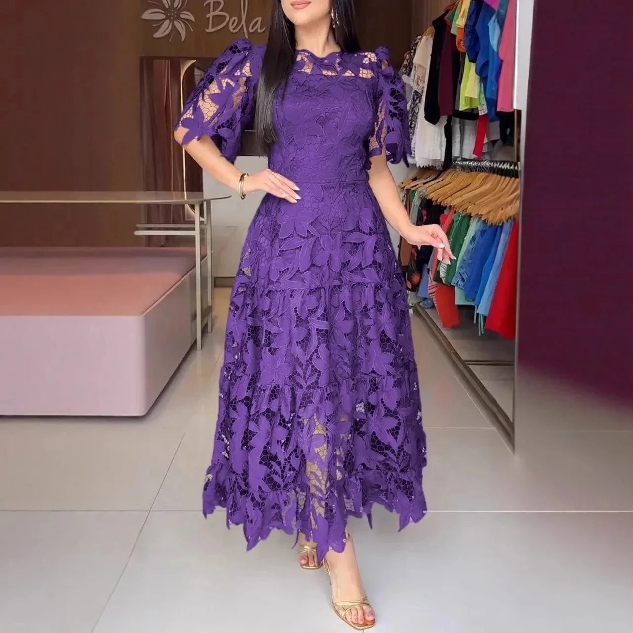 Vestido Feminino de Renda Anaju Vestido Feminino de Renda Anaju P11 Direct Ofertas Roxo 3XG 