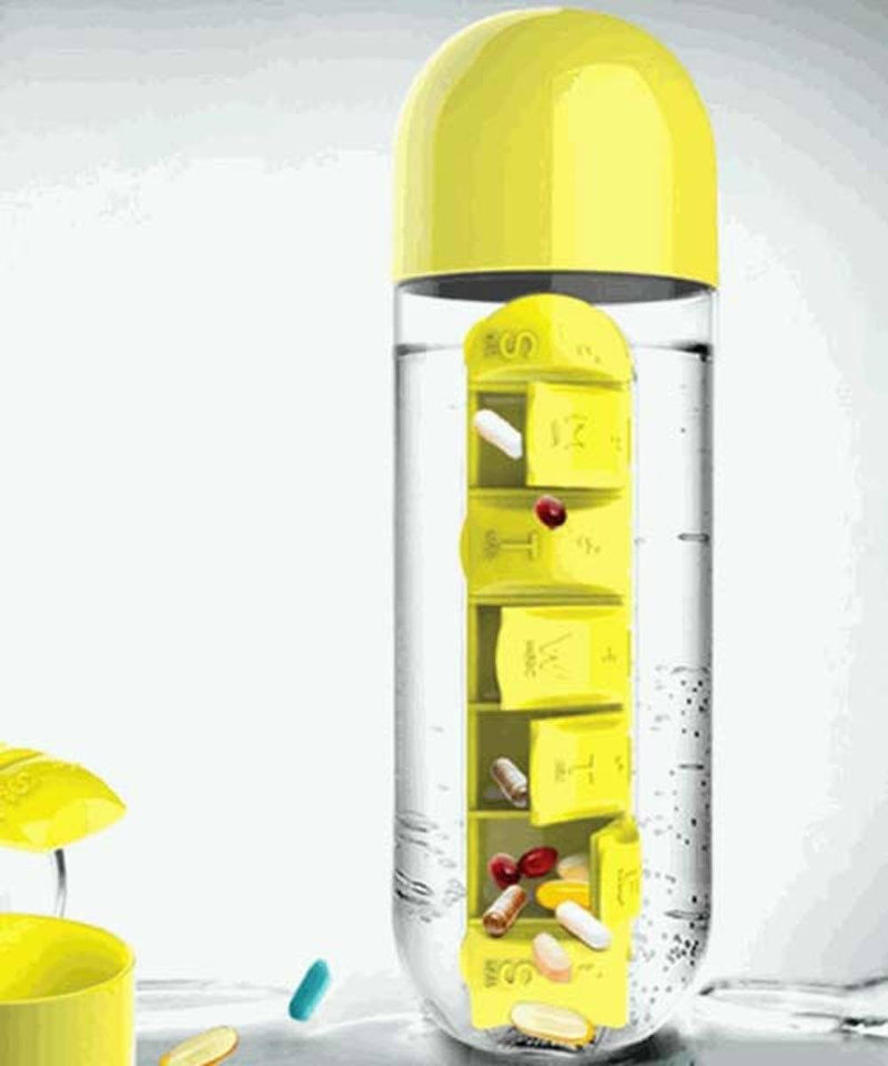 Garrafa de água com porta comprimidos - Pill Bottle 3 EM 1 (EXCLUSIVA!) SAUDE 03 Direct Ofertas Amarelo 