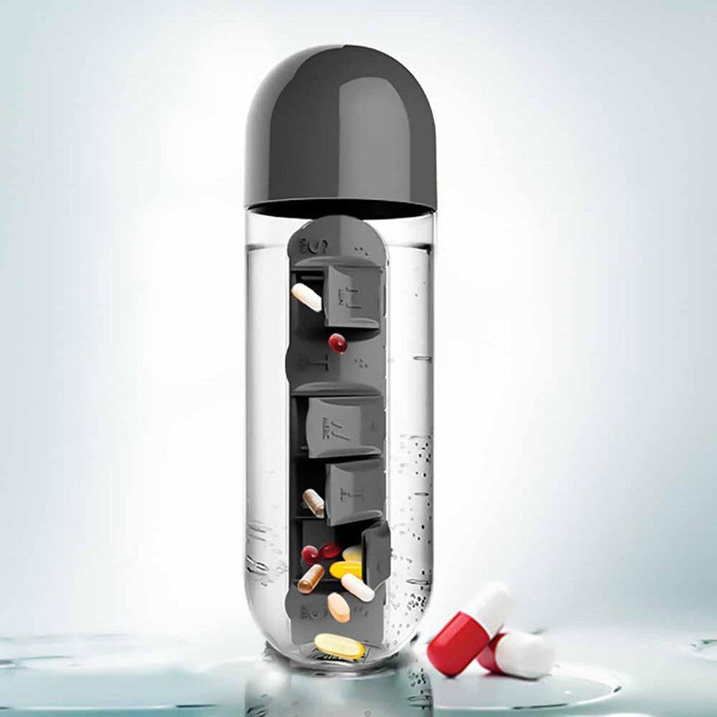 Garrafa de água com porta comprimidos - Pill Bottle 3 EM 1 (EXCLUSIVA!) SAUDE 03 Direct Ofertas Preto 